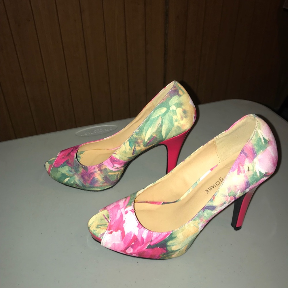 Floral pink peep toe heels